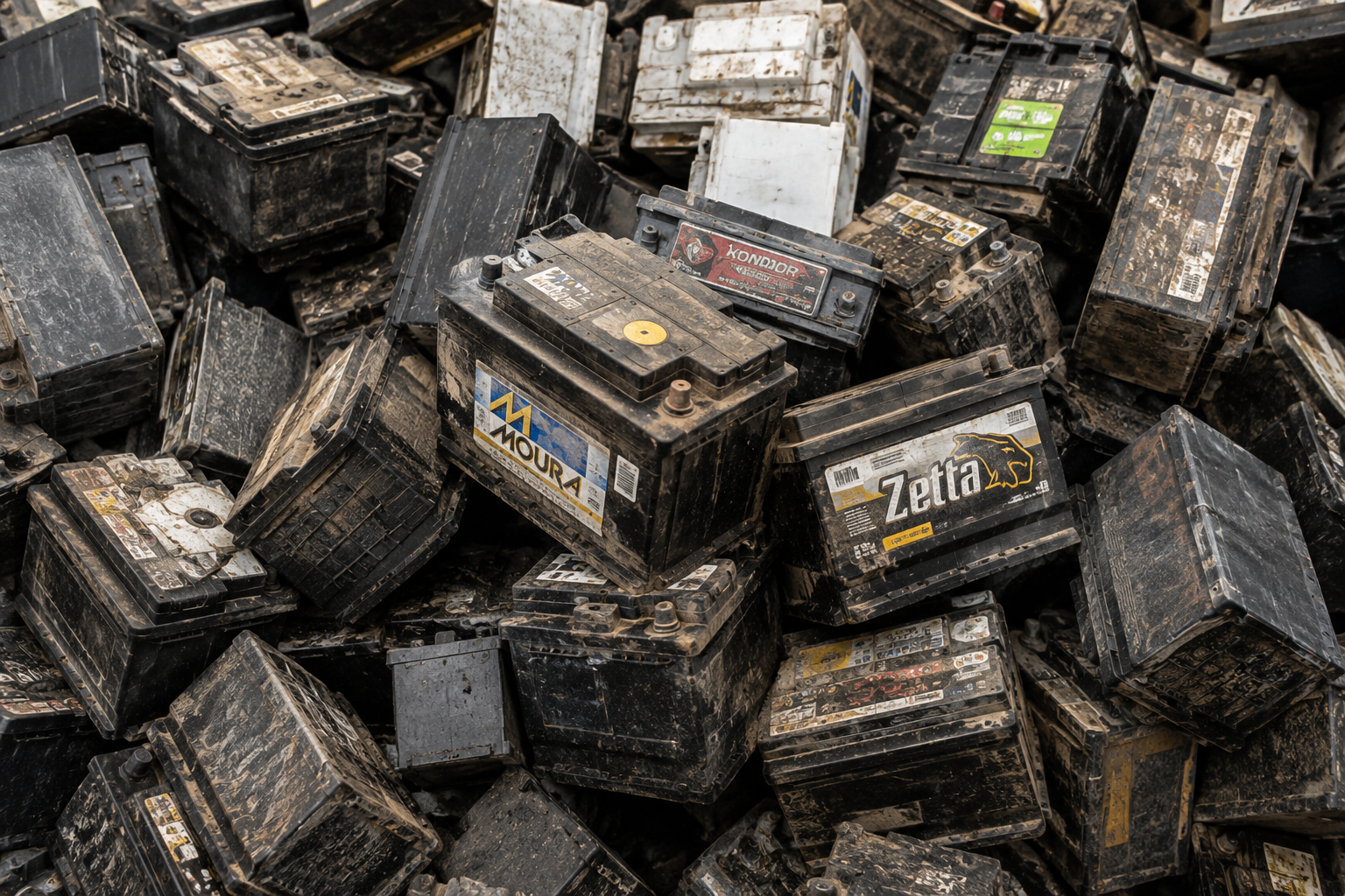 Baterias automotivas usadas empilhadas para reciclagem