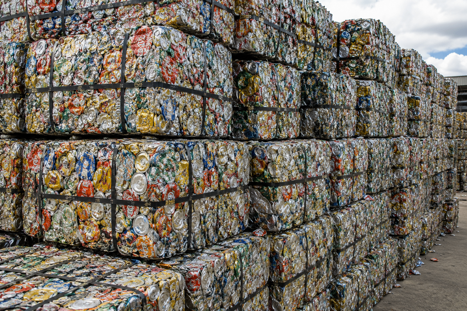 Fardos de latinhas de alumínio prensadas em pátio de reciclagem